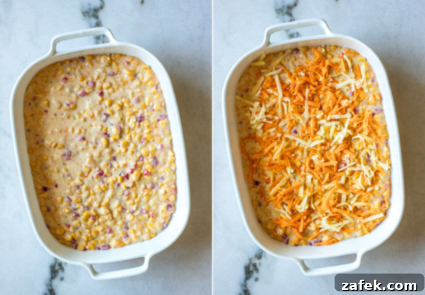 Diptich showing the corn mixture being poured into a baking dish and then topped with cheese before baking.